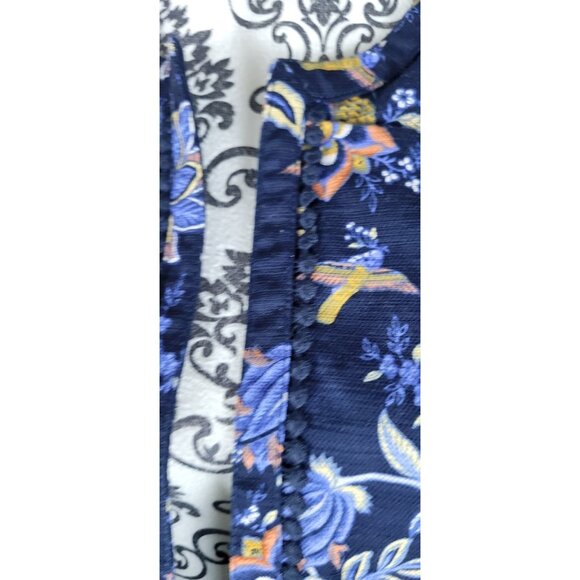 LOFT Womens Blazer Navy floral cotton blend  Size 10 Eyelet Crochet Trim Open - Picture 3 of 14